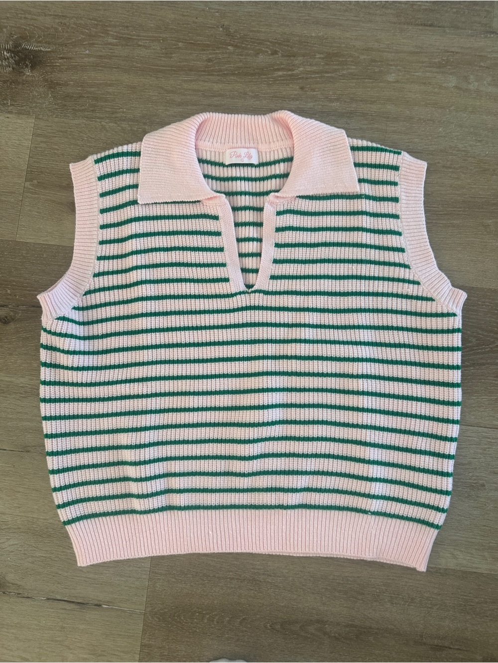 Pink Lily - Pink & Green Striped Sleeveless Knit Sweater Size L